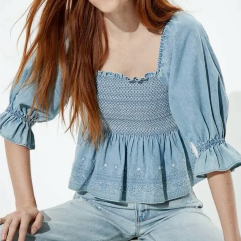 American Eagle denim embroidered smocked top